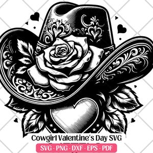 Cowgirl Valentinstag SVG-Schnitt- und Lasergravurdatei, Vektor-PNG Dxf Eps Pdf, süße Kuh Mädchen Hut Valentinstag Clipart Design Sublimation