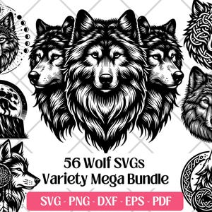 May include: A collection of black and white wolf-themed designs. The image includes detailed illustrations of wolf faces, a wolf howling at the moon, and Celtic knotwork wolf designs. Text reads "56 Wolf SVGs Variety Mega Bundle" with file type options.