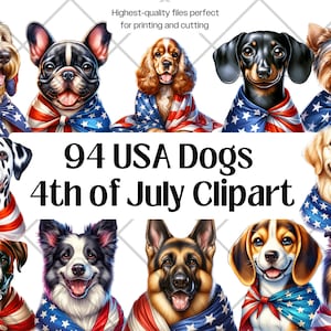 Paquete de imágenes prediseñadas de perros de EE. UU., diseños de sublimación de imágenes prediseñadas de acuarela de perros patrióticos y bandera de EE. UU. del 4 de julio, archivo digital PNG de razas de cachorros