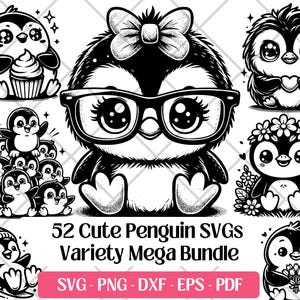 Pingouin mignon SVG Bundle, vecteur, PNG, DXF Eps Pdf, fichiers de découpe de gravure laser, dessin animé pingouin visage Silhouette mignon Animal Clipart design