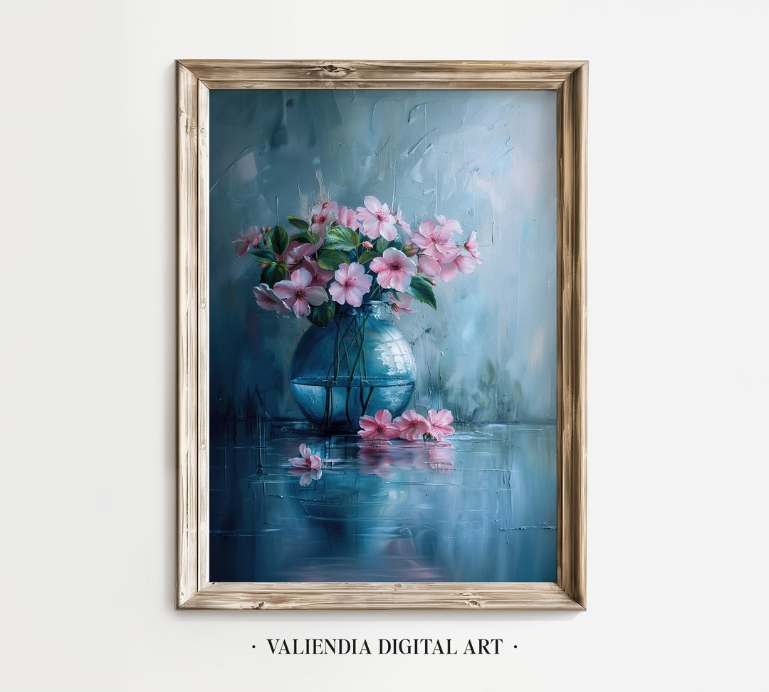Pink Flowers Wall Art, Moody Floral Painting • Flowers in Vase Print ...