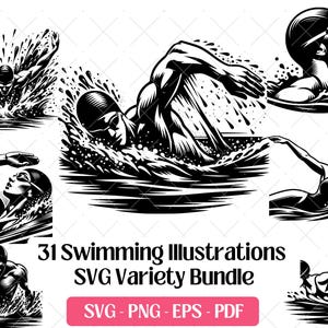 Paquete de archivos SVG de natación · Imágenes prediseñadas PNG de nadadores, atletas y piscinas · Cricut