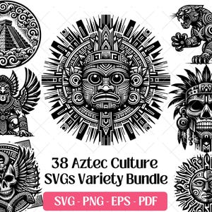 May include: A collection of 38 Aztec culture SVG designs in black and white. The images include a pyramid, a jaguar, a skull with a feathered headdress, and other stylized illustrations. The bundle includes SVG, PNG, EPS, and PDF formats.