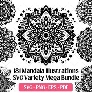 Puede incluir: Ilustraciones de mandalas en blanco y negro con diversos diseños. La imagen muestra patrones circulares con detalles intrincados, motivos florales y formas geométricas. El texto dice "181 Mandala Illustrations SVG Variety Mega Bundle".