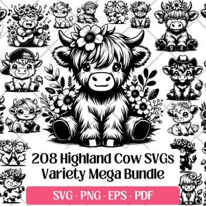 Highland Cow SVG Bundle, Cutting Laser Engraving Files Vector Svg, PNG Eps Pdf • Cute Baby Cow SVG Silhouette Farm Animal Design Sublimation