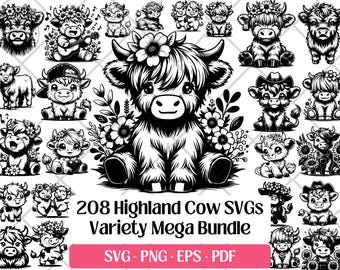 Highland Cow SVG Bundle, Cutting Laser Engraving Files Vector Svg, PNG Eps Pdf • Cute Baby Cow SVG Silhouette Farm Animal Design Sublimation