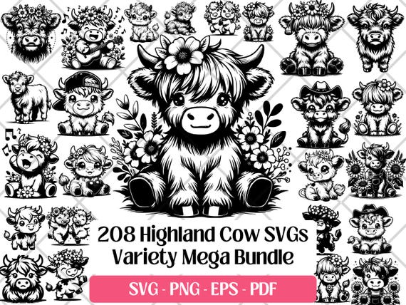 Highland Cow SVG Bundle, Whimsical Baby Cow Farm Animal Clipart Png Silhouette Design Sublimation