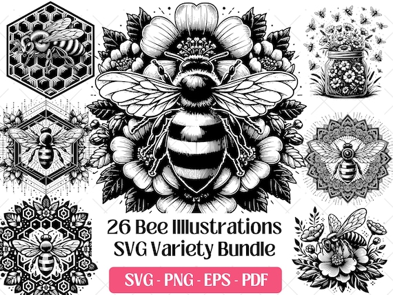 Bee SVG Bundle · Floral Honeybee Honey Nature Clipart PNG · Cricut