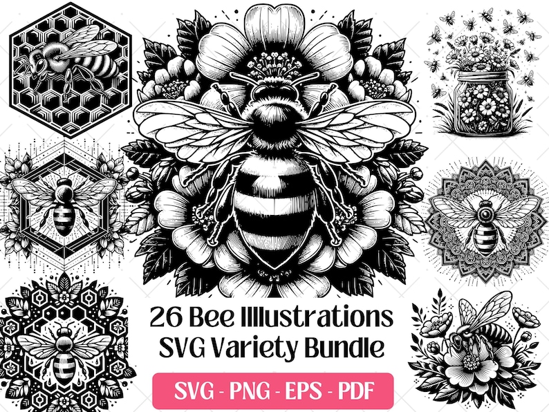 Bi SVG-paket · Blommig honungsbi honung natur Clipart PNG · Cricut bild 1
