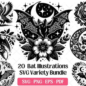 Puede incluir: Ilustraciones en blanco y negro de murciélagos, búhos y diseños florales. La imagen incluye el texto "20 Bat Illustrations SVG Variety Bundle" con opciones de tipo de archivo. Los diseños presentan murciélagos con alas extendidas, en lunas crecientes y en arreglos florales.