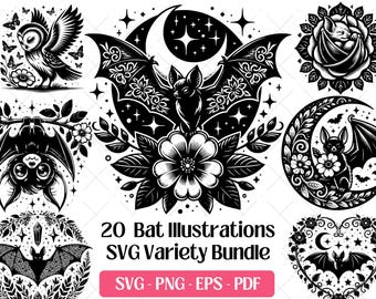 Pakiet Bat SVG · Halloween Gothic Floral Moon Clipart PNG · Cricut