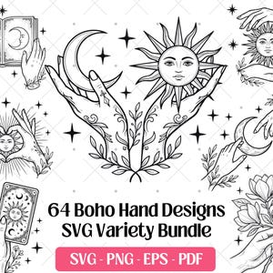 Puede incluir: Paquete de variedad SVG de diseños de manos Boho en blanco y negro. La imagen presenta ilustraciones de manos sosteniendo objetos celestiales como el sol y la luna, junto con estrellas y elementos florales. También se incluye el texto "64 Boho Hand Designs SVG Variety Bundle".