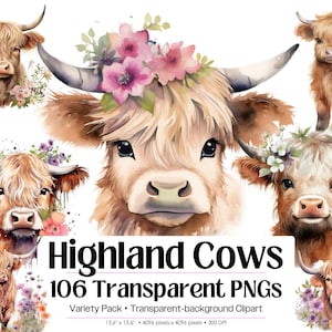 Highland Cow Watercolor PNG Bundle · Baby Farm Animal Clipart