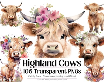 Highland Cow Watercolor PNG Bundle · Baby Farm Animal Clipart