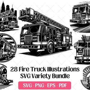 May include: A collection of black and white fire truck illustrations. The image features different fire engine designs, including those with ladders and water tanks. Text reads "28 Fire Truck Illustrations SVG Variety Bundle."