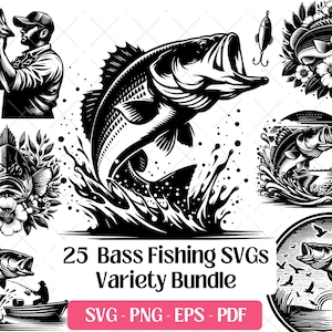 Puede incluir: Un conjunto de 25 SVG de pesca de lubina en blanco y negro. Las ilustraciones incluyen un pescador con una lubina, una lubina saltando fuera del agua y diseños de lubina con elementos florales y naturales. Formatos: SVG, PNG, EPS y PDF.