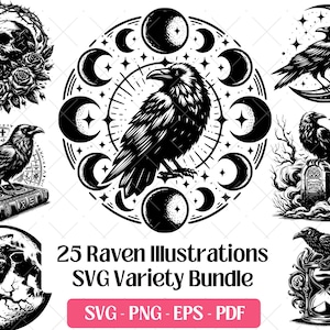 Raven SVG bundel, snijden bestanden Vector PNG Eps Pdf lasergravure bestanden, Pagan Black Gothic Raven Bird Head Face Clipart Svg