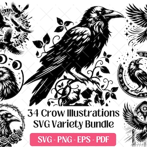 Crow SVG Bundle · Gothic Dark Mystery Bird Clipart PNG · Cricut Files