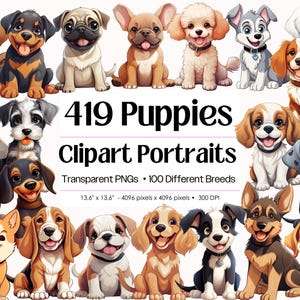 Könnte beinhalten: Eine digitale Illustration mit Cartoon-Porträts von Welpen verschiedener Rassen und Farben. Der Text "419 Puppies Clipart Portraits" ist enthalten, sowie die Bildspezifikationen: 34.5 cm x 34.5 cm - 4096 Pixel x 4096 Pixel - 300 DPI.