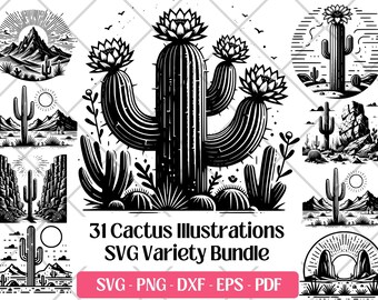 Pakiet Cactus SVG · Scena pustyni, południowo-zachodnia przyroda, Clipart PNG · Cricut