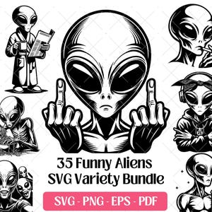 Puede incluir: Paquete de arte digital en blanco y negro con varias ilustraciones de extraterrestres. La colección incluye un extraterrestre con bata, uno fumando y otro haciendo la peineta. El texto dice "35 Funny Aliens SVG Variety Bundle."