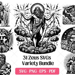 Zeus SVG Bundle Cutting Laser Engraving Files, Greek God of Thunder Zeus Clipart PNG Silhouette Design Mythology Lightning Sublimation