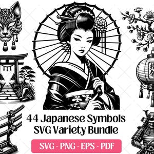Peut inclure: Illustrations en noir et blanc de symboles culturels japonais, dont une geisha avec un parapluie, un masque Kitsune, une porte torii, des fleurs de cerisier, une lanterne et un samouraï. Le texte indique "44 Japanese Symbols SVG Variety Bundle."