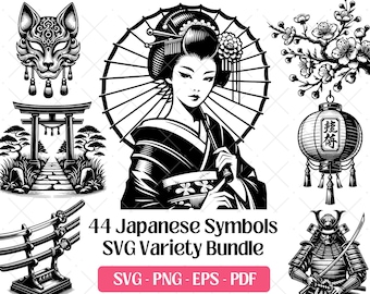 May include: Black and white illustrations of Japanese cultural symbols, including a geisha with an umbrella, a Kitsune mask, a torii gate, cherry blossoms, a lantern, and a samurai. Text reads "44 Japanese Symbols SVG Variety Bundle."