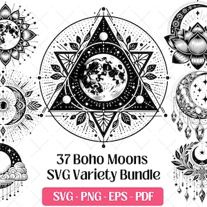 Boho Moon SVG Bundle Cutting Laser Engraving Files, Cute Floral Crescent Moon Clipart PNG Silhouette Design Mystical Celestial Sublimation