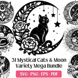 May include: Black and white illustrations of cats and moons. The image features various cat designs, including cats within crescent moons, sleeping cats, and cats with celestial details. Text reads "31 Mystical Cats & Moon Variety Mega Bundle".