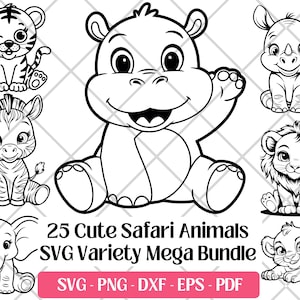 Bundle SVG animaux de safari mignons, fichiers de découpe, art vectoriel, PNG, DXF Eps Pdf, fichiers de gravure laser · bébé animaux de safari Clipart Svg