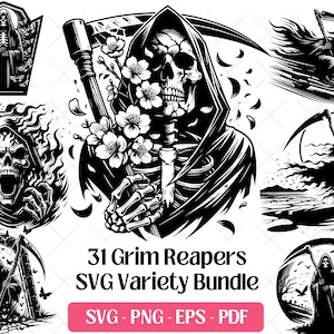 Grim Reaper SVG Bundle, Halloween Angel of Death Skeleton Biker Cute Grim Reaper PNG Clipart Cutting Laser Engraving Files Silhouette Design