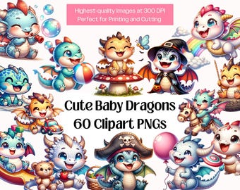Watercolor Baby Dragon PNG Bundle · Nursery Fantasy Whimsical Clipart