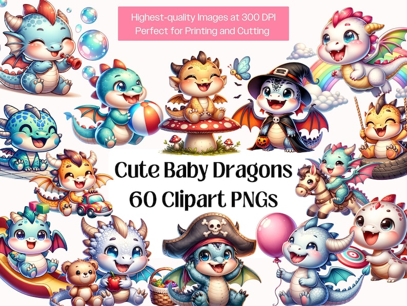 Watercolor Baby Dragon PNG Bundle · Nursery Fantasy Whimsical Clipart ...