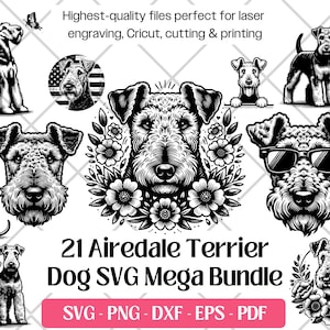 Airedale Terrier SVG Bundle, Hund Vektor-, PNG, DXF, Eps, Pdf-Schneide- und Lasergravurdateien für Ausschnitt, Drucke Airedale Terrier Sublimation