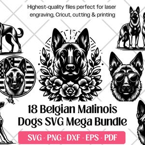 Bundle SVG Malinois belge, vecteur de chien, PNG, DXF, Eps, Pdf et fichiers de gravure laser pour la découpe, impressions, sublimation Malinois belge
