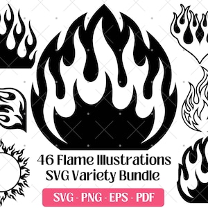 Peut inclure: Une collection de 46 illustrations de flammes noires de différentes formes et tailles. Les motifs comprennent des flammes avec des pointes acérées, des bords arrondis et un motif en forme de soleil. Le texte indique "46 Flame Illustrations SVG Variety Bundle".