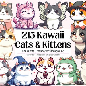 May include: A collection of 10 adorable cartoon cats and kittens in various costumes and poses. The image includes the text "215 Kawaii Cats & Kittens" and details about the PNG files. The cats are in different colors and styles, with a transparent background.