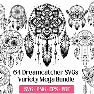Dreamcatcher SVG Bundle, Floral Boho Cięcie Grawerowanie Laserowe Pliki Art PNG Eps, Mistyczny Plemienny Rdzennoamerykański Łapacz Snów Clipart Projekt