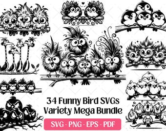 Rolig fågel SVG-paket · Knäppa sarkastisk tecknad clipart PNG · Cricut