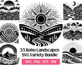 Boho Landscape SVG Bundle · Floral Nature Clipart PNG · Cricut Files
