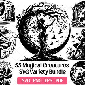 May include: Black and white SVG variety bundle featuring 55 magical creatures. Includes illustrations of a mermaid, a woman under a tree, a centaur, a satyr playing a flute, a fox, a dancer, and a dragon. The bundle includes SVG, PNG, EPS, and PDF formats.