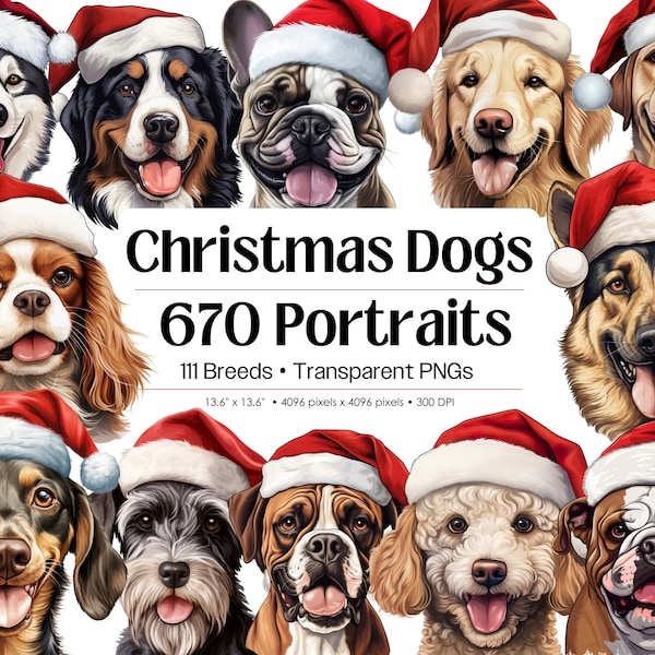 Christmas Dogs, 670 Santa Dogs PNG Clipart Bundle • 111 Breeds, Christmas Dog Portraits • Digital Download Dog Breed Sublimation Prints Pack