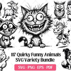 Puede incluir: Ilustración en blanco y negro de 11 animales divertidos y extravagantes. La colección incluye un gato, un mapache, un búho, una vaca, una jirafa, un perro, un pingüino, una cabra, un erizo y un carpincho. También se incluye el texto "117 Quirky Funny Animals SVG Variety Bundle".