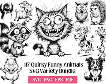 Paquete de archivos SVG de animales divertidos y extravagantes · Imágenes prediseñadas PNG de dibujos animados extraños · Cricut