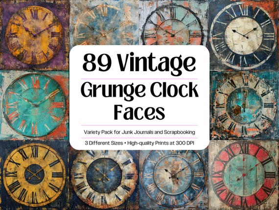 Vintage Clock Faces PNG Bundle · Grunge Junk Journal Scrapbook Clipart