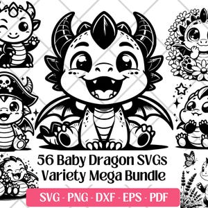 Puede incluir: Ilustraciones en blanco y negro de bebés dragones en varias poses. Un dragón guiña un ojo, otro lleva un sombrero de pirata y otros están rodeados de flores o estrellas. El texto dice "56 Baby Dragon SVGs Variety Mega Bundle".