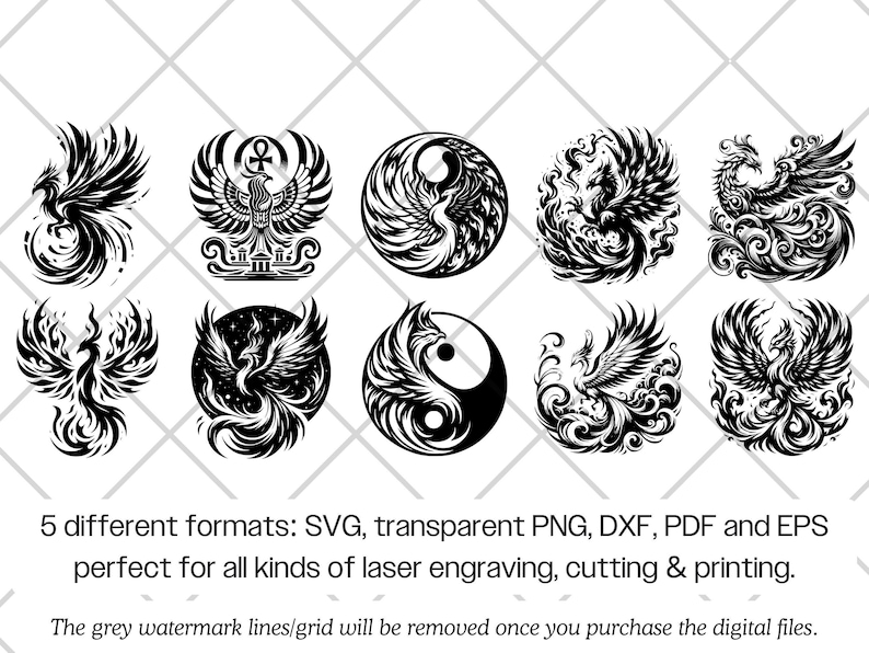 Paquete de archivos SVG de Phoenix · Imágenes prediseñadas PNG del ave de fuego mitológica · Archivos para Cricut imagen 9