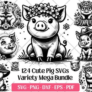 Pacchetto SVG di maiali, file di incisione laser da taglio, grafica vettoriale, PNG, DXF Eps Pdf, carina testa di maialino SVG animale da fattoria sublimazione clipart