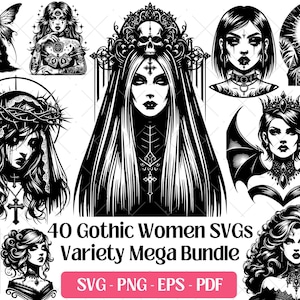 Puede incluir: Una colección de diseños SVG de mujeres góticas en blanco y negro. Las imágenes incluyen retratos de mujeres con maquillaje oscuro, coronas y alas. El texto dice "40 Gothic Women SVGs Variety Mega Bundle" con opciones de tipo de archivo.